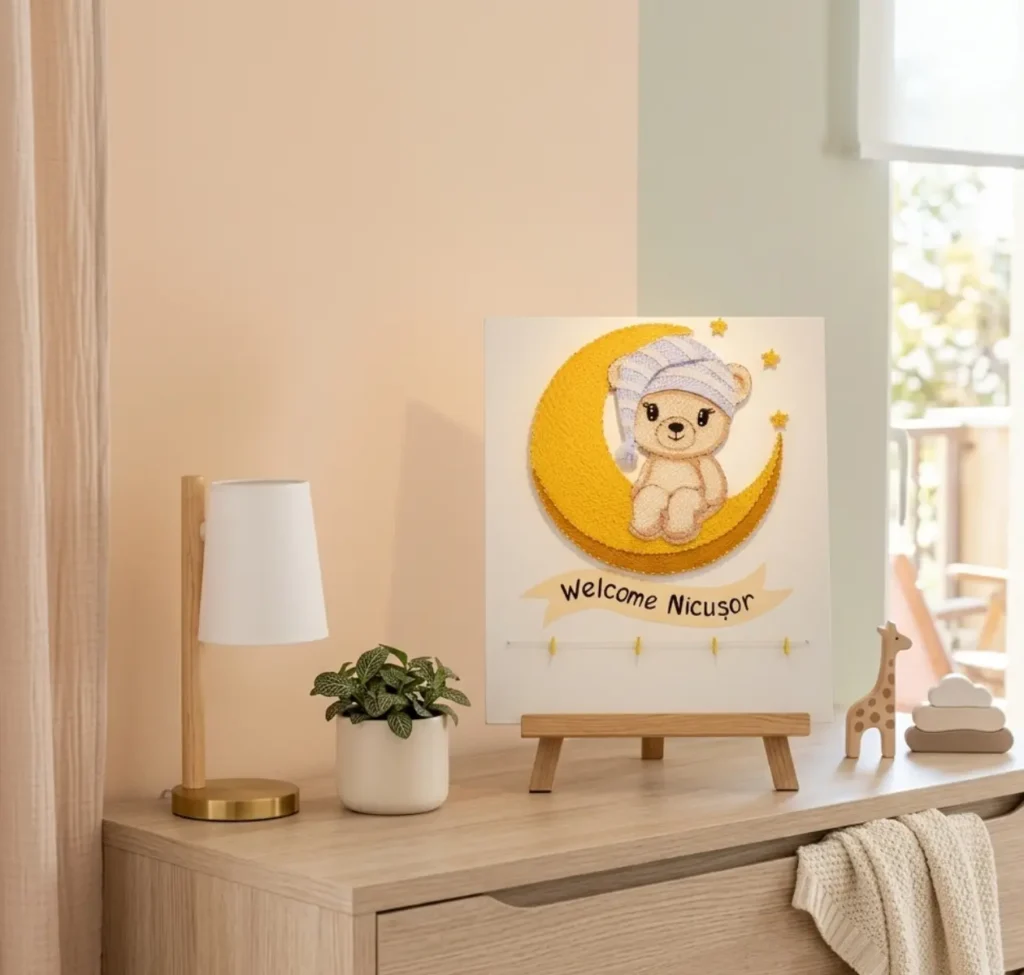 Tablou personalizat string art cu loc pentru poze nou nascut si nume