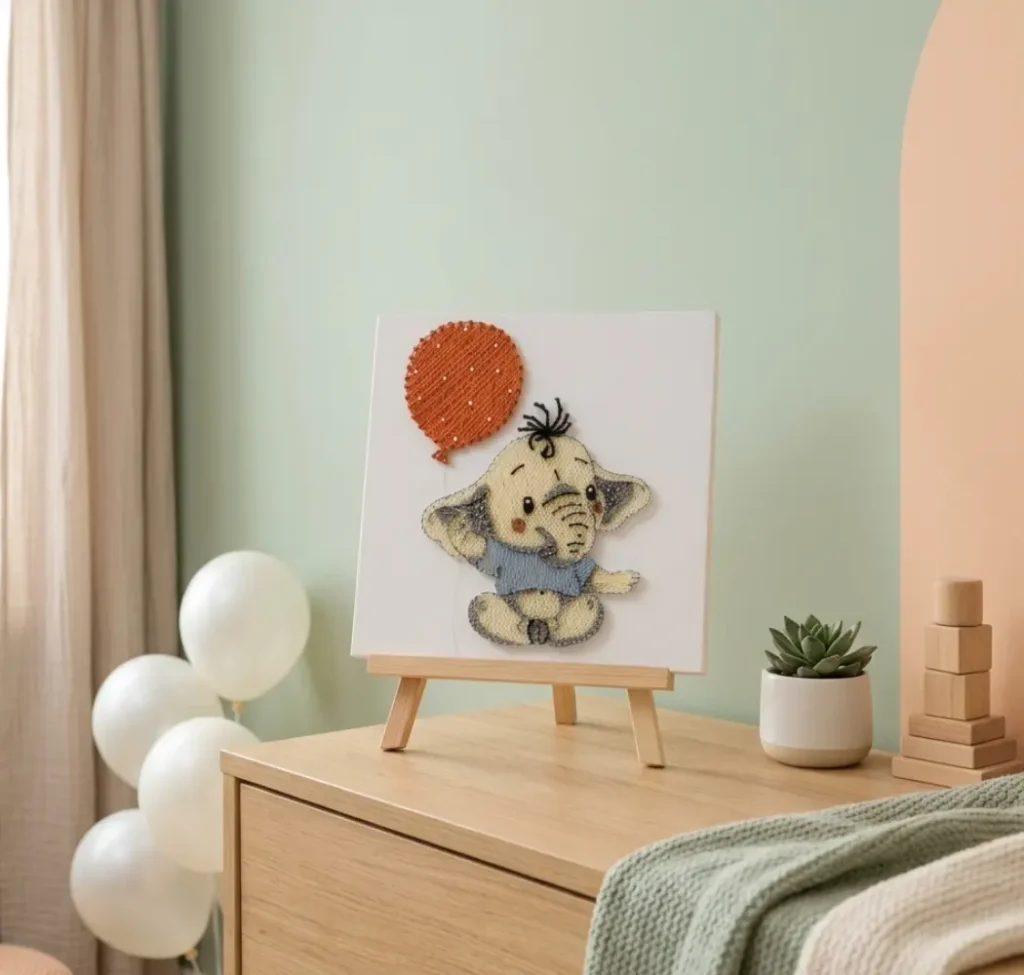 Tablou personalizat string art elefant cu balon potrivit pentru camera copiilor