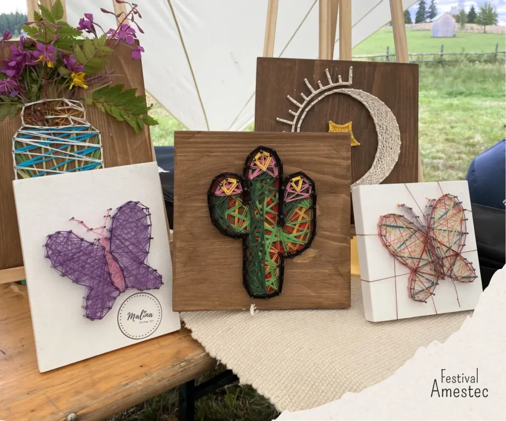Talourile string art realizate de participantii atelierului realizat la festivalul amestec