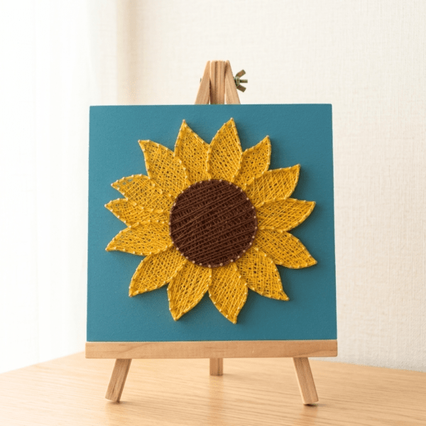 Tablou string art cu floarea-soarelui galbenă pe fundal albastru, realizat manual, 20x20 cm