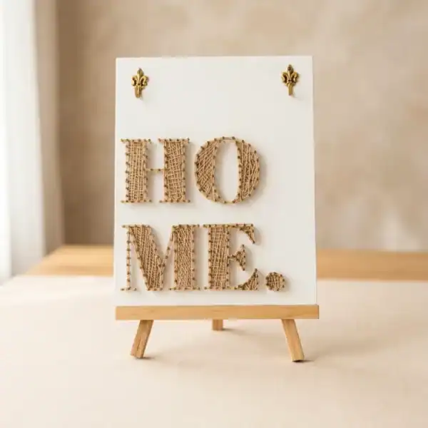 Suport pentru chei realizat manual în tehnica string art cu textul HOME
